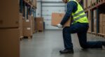 Warehouse worker using safe lifting technique while carrying a box to help reduce workplace back injury risks