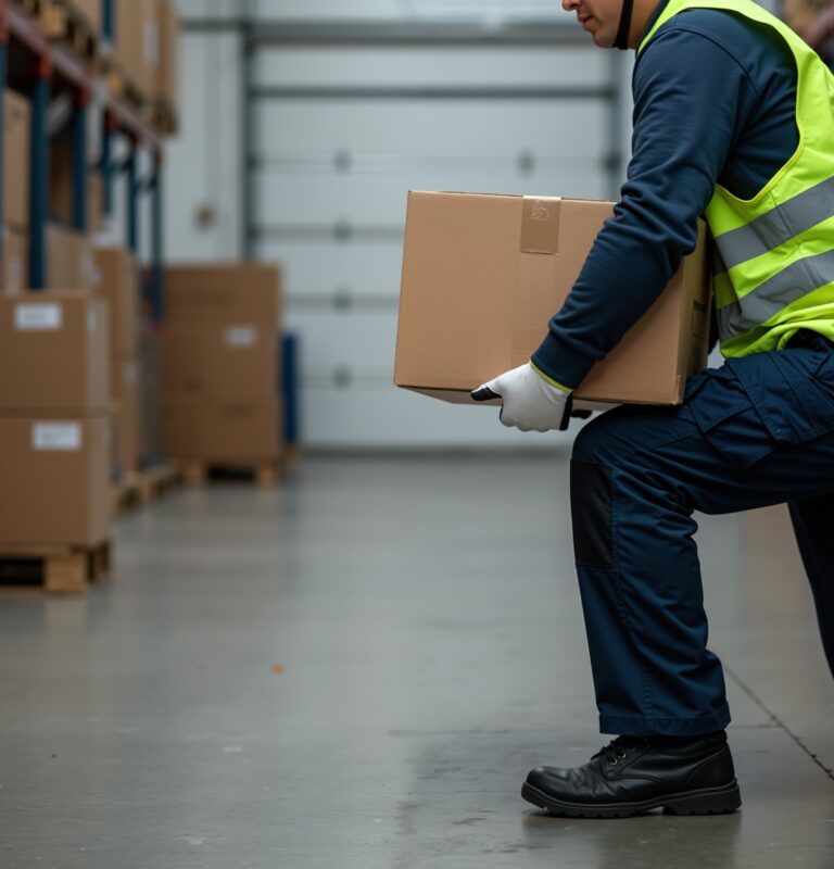 Warehouse worker using safe lifting technique while carrying a box to help reduce workplace back injury risks