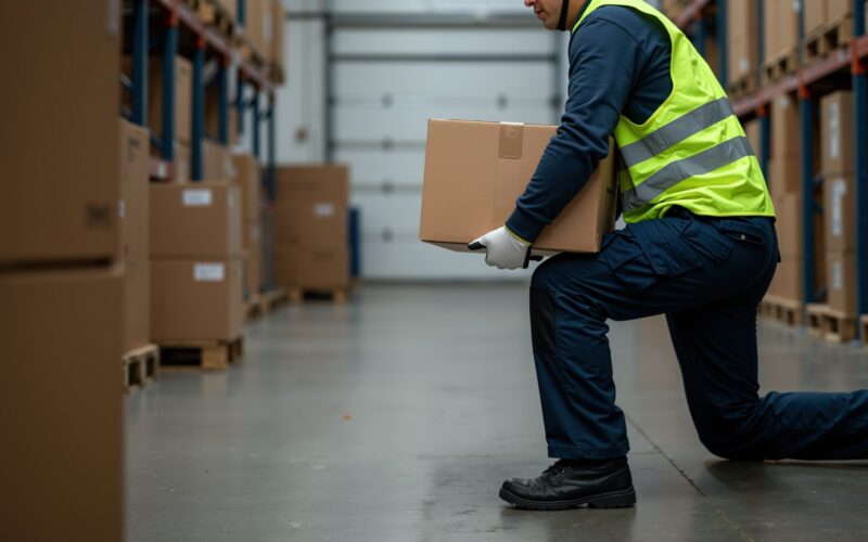 Warehouse worker using safe lifting technique while carrying a box to help reduce workplace back injury risks