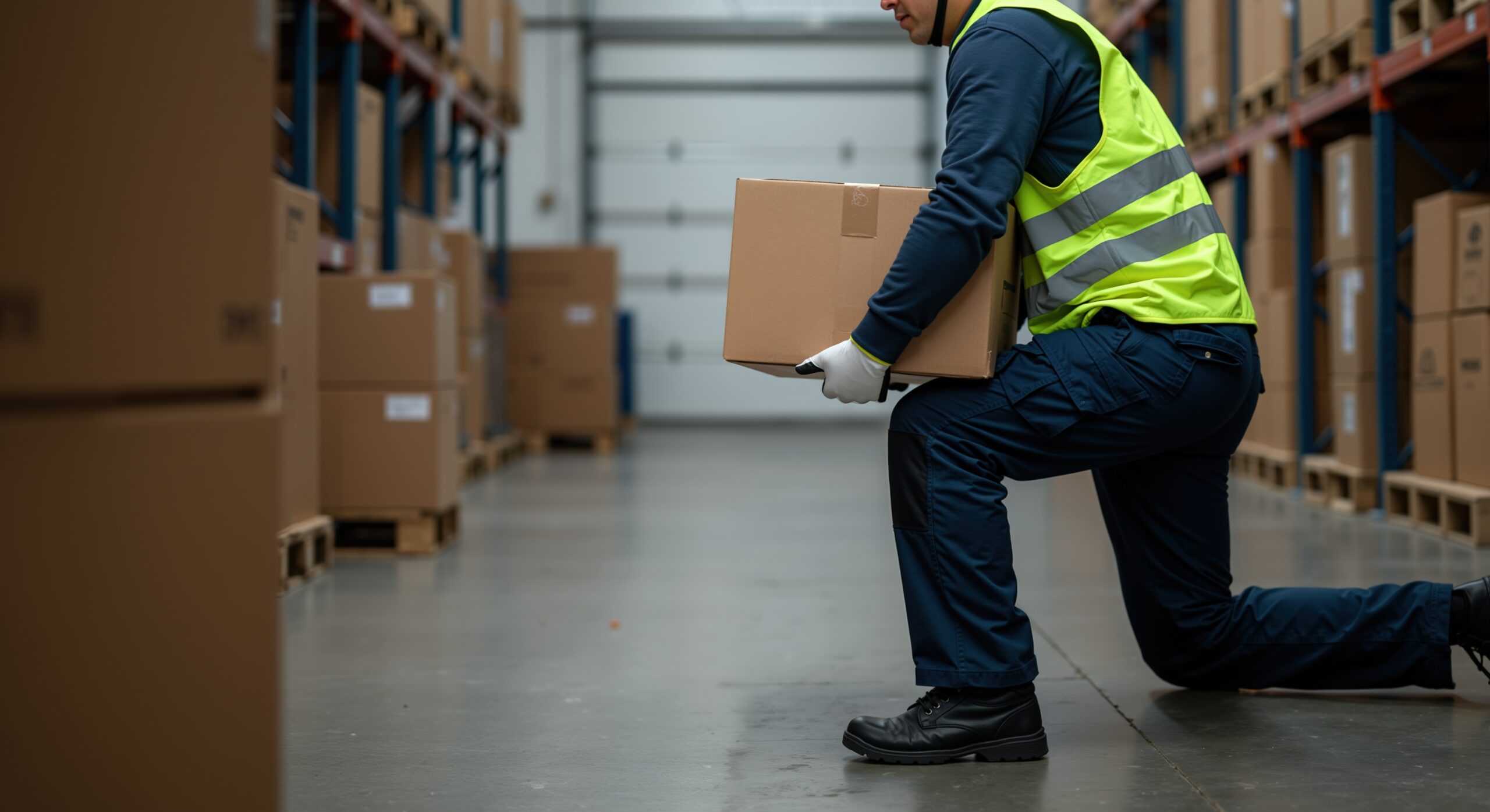 Warehouse worker using safe lifting technique while carrying a box to help reduce workplace back injury risks