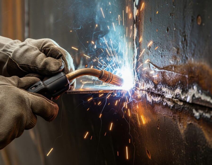 Industrial worker welding metal while wearing protective gloves and safety equipment to help reduce workplace injuries
