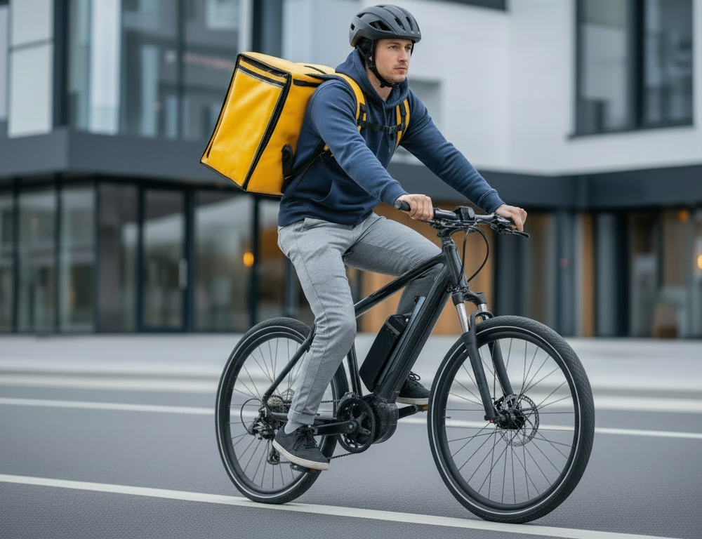 Ebike rider wearing a helmet while commuting on a city street
