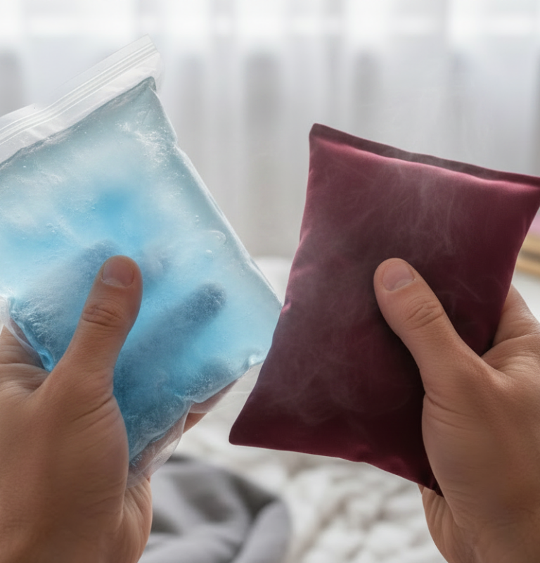 close-up of a person holding a blue ice pack in one hand and a red heat pack in the other, illustrating the choice between ice vs heat for injury relief