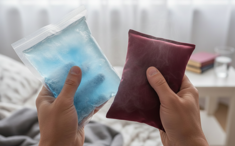 close-up of a person holding a blue ice pack in one hand and a red heat pack in the other, illustrating the choice between ice vs heat for injury relief