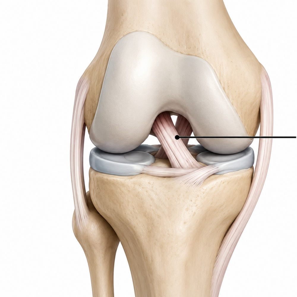 Anatomical diagram of a human knee highlighting the ACL, a key ligament that helps stabilize the knee during cutting and pivoting movements.