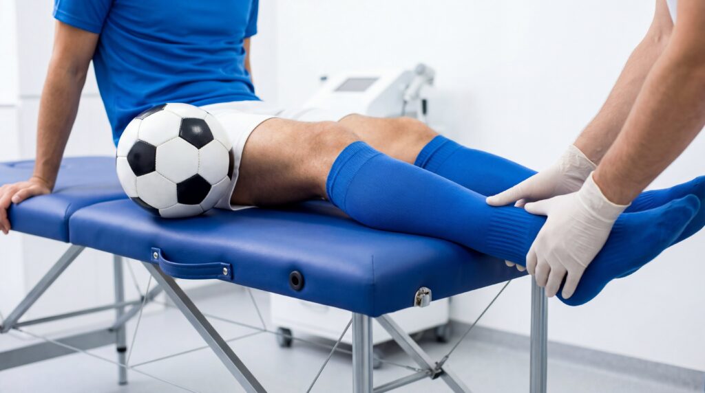 Soccer player receiving a lower leg evaluation during rehabilitation, illustrating recovery and physical therapy following a soccer-related injury.