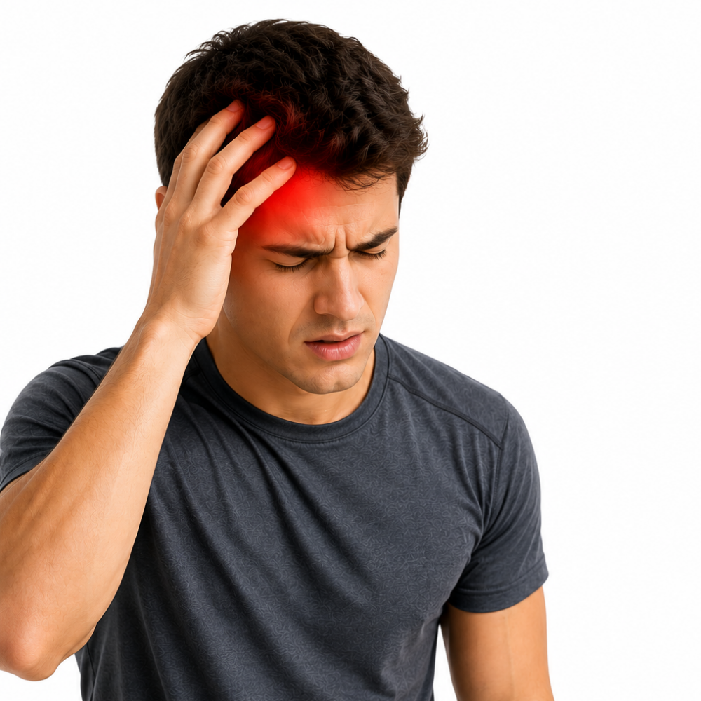 Young adult male holding the side of his head with a highlighted area of pain, representing symptoms commonly associated with a concussion after a sports-related head injury.