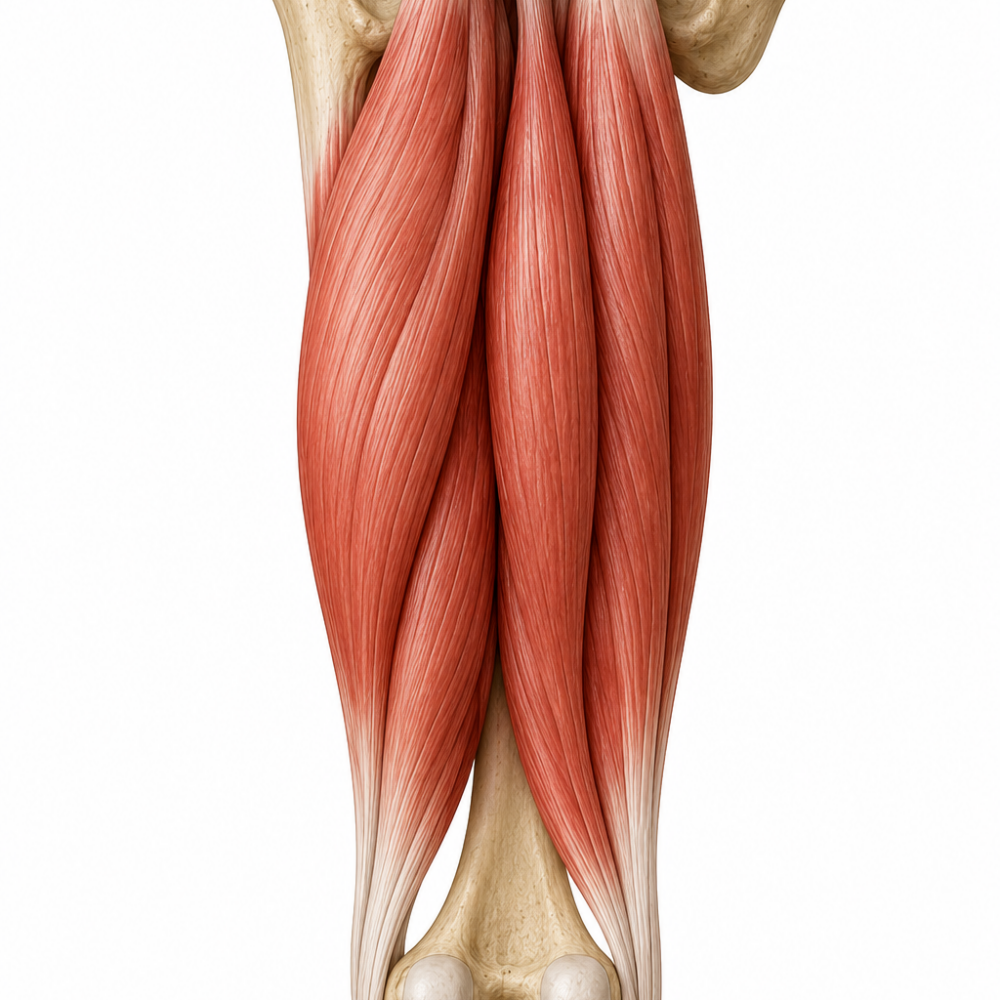 Medical illustration of the hamstring muscle group in the back of the thigh, highlighting an area commonly affected by soccer-related hamstring strains.