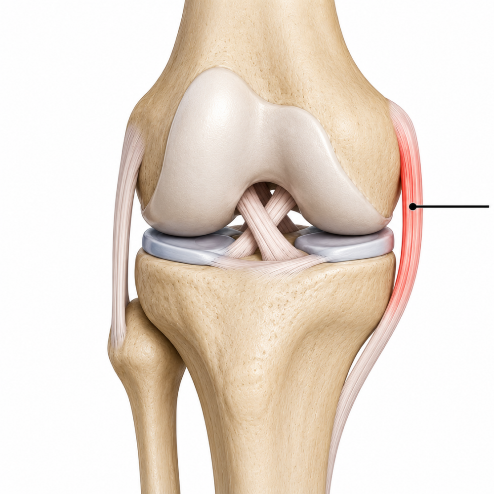 Medical illustration showing the location of the MCL on the inside of the knee, a ligament commonly injured during soccer collisions, tackles, and twisting movements.