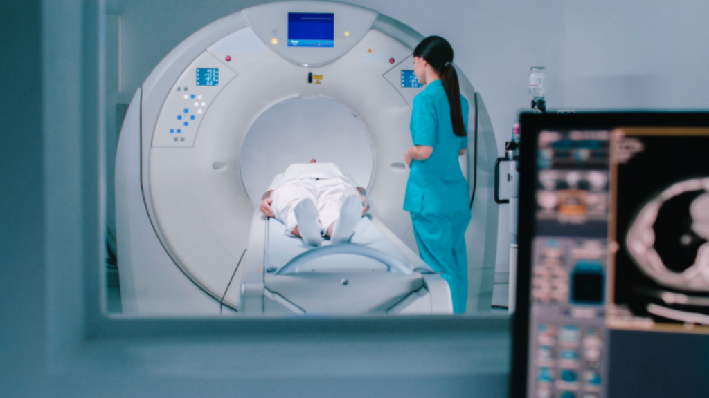 Patient undergoing MRI scan during musculoskeletal injury imaging evaluation