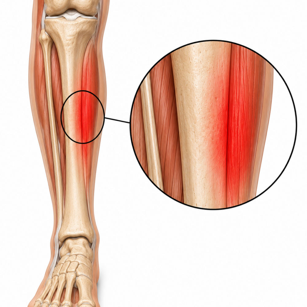 Circle zoom-in highlighting shin splints along the inner lower leg, showing inflammation and pain in the shin area of a runner.