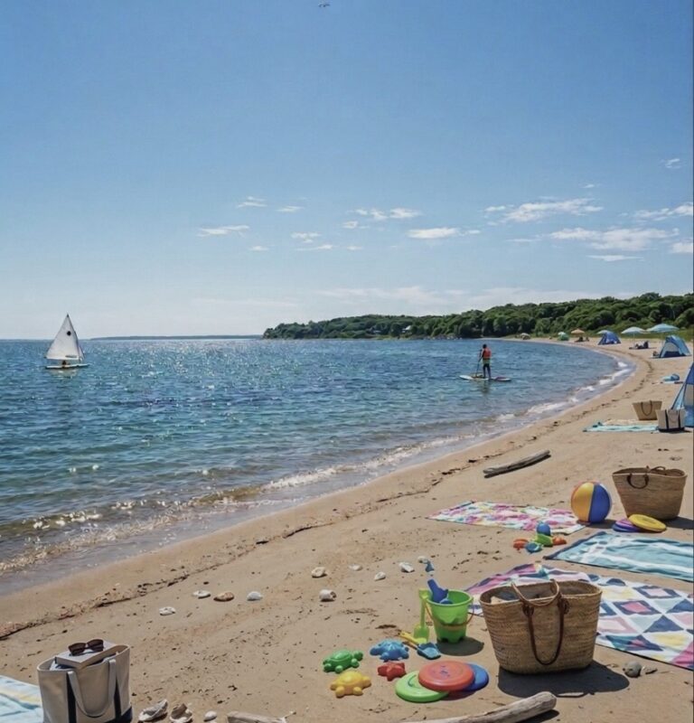 summer beach scene at Sunken Meadow State Park near Smithtown with paddle boarder and beach setup