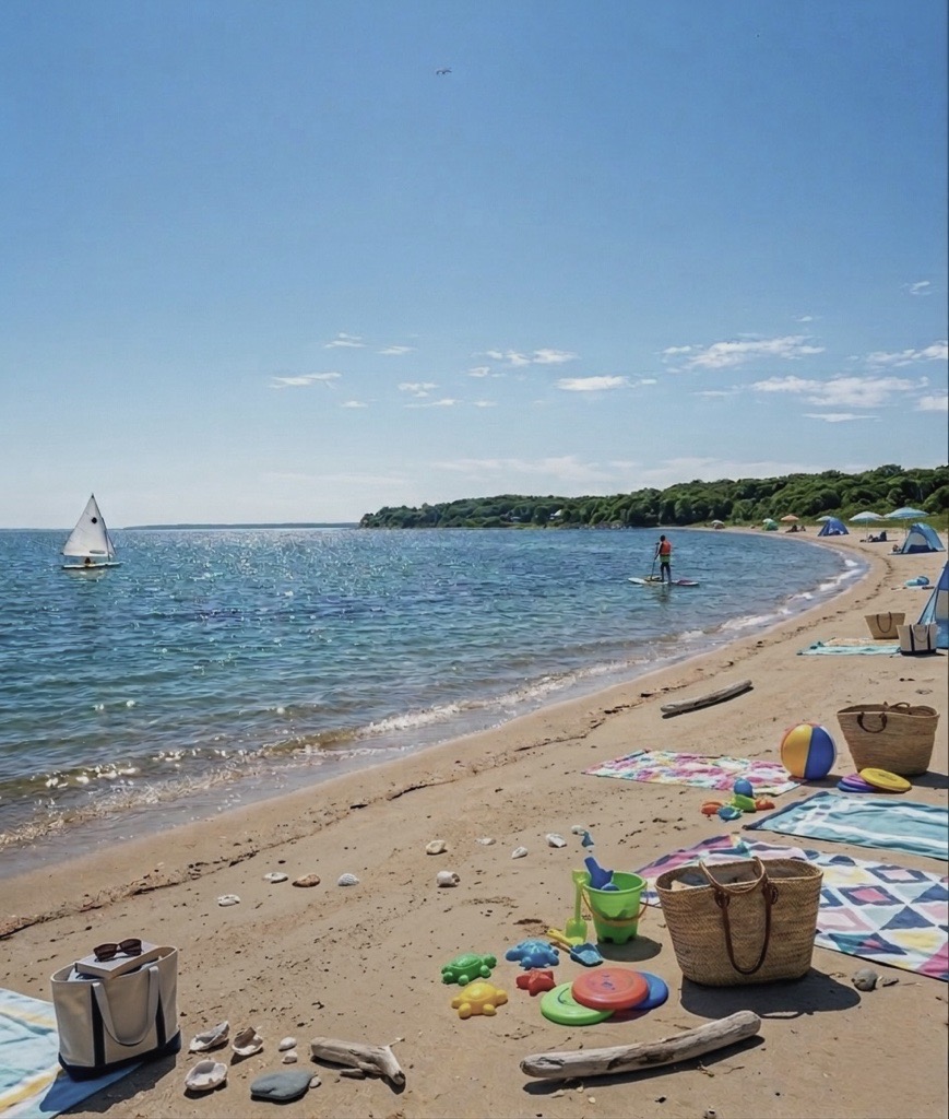 summer beach scene at Sunken Meadow State Park near Smithtown with paddle boarder and beach setup