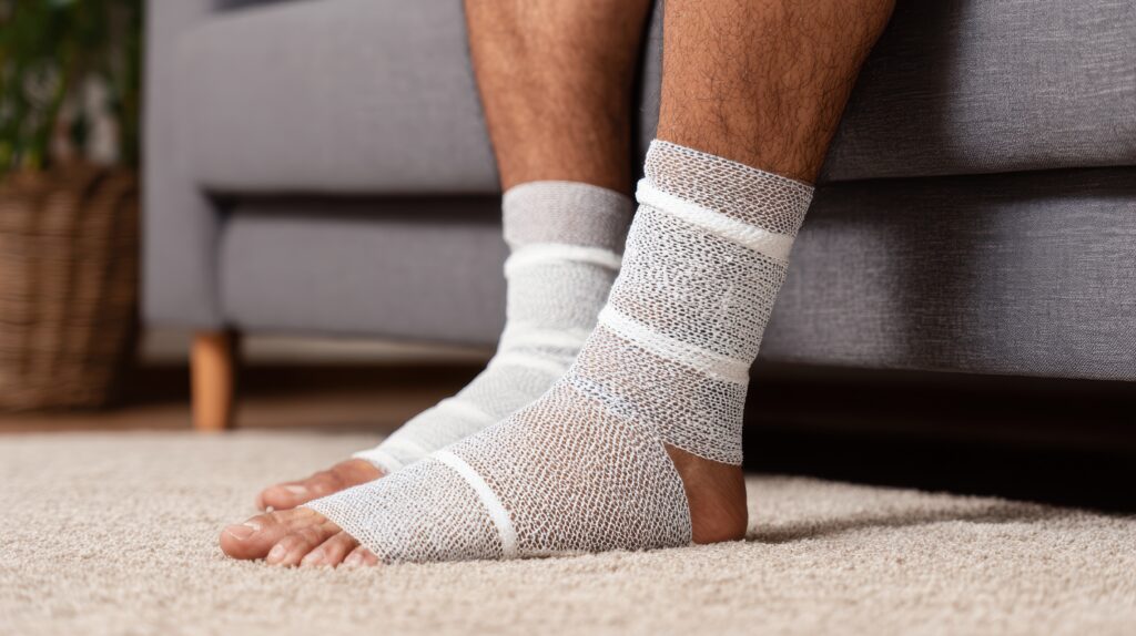 Understanding Recovery From Orthopedic Injuries Athlete wearing an ankle brace while recovering from a musculoskeletal injury.