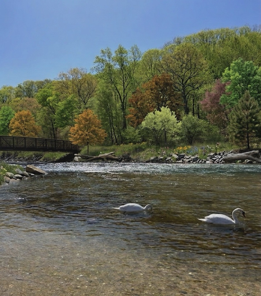 swans swimming in water at Sunken Meadow State Park near Town of Smithtown with trail bridge and trees