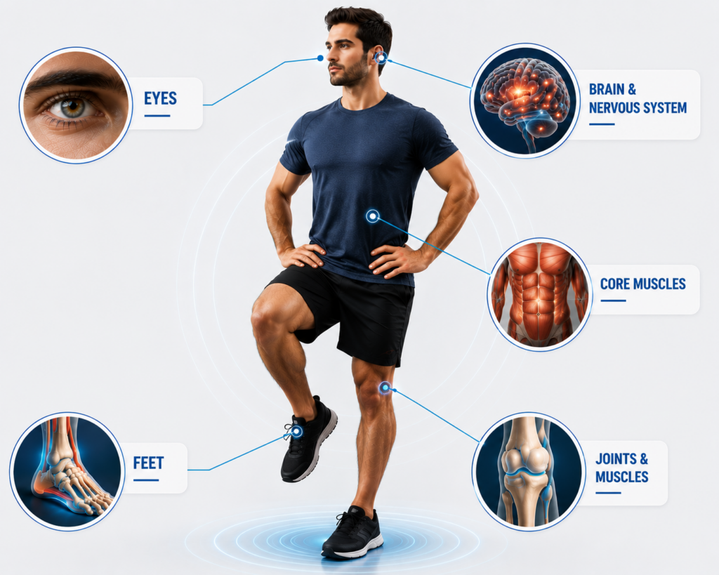 Balance systems working together Illustration of the foot, joints, eyes, and core working together for balance.