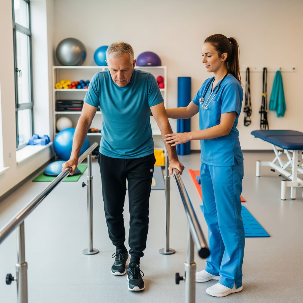 Clinician assessing a patient’s walking pattern and lower-body alignment.