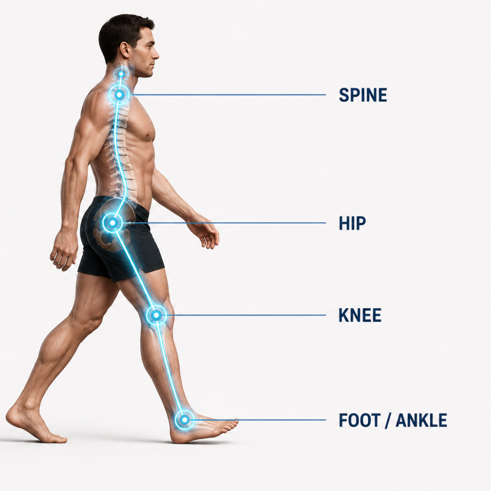 Illustration of the foot, knee, hip, and spine as connected parts of the kinetic chain.