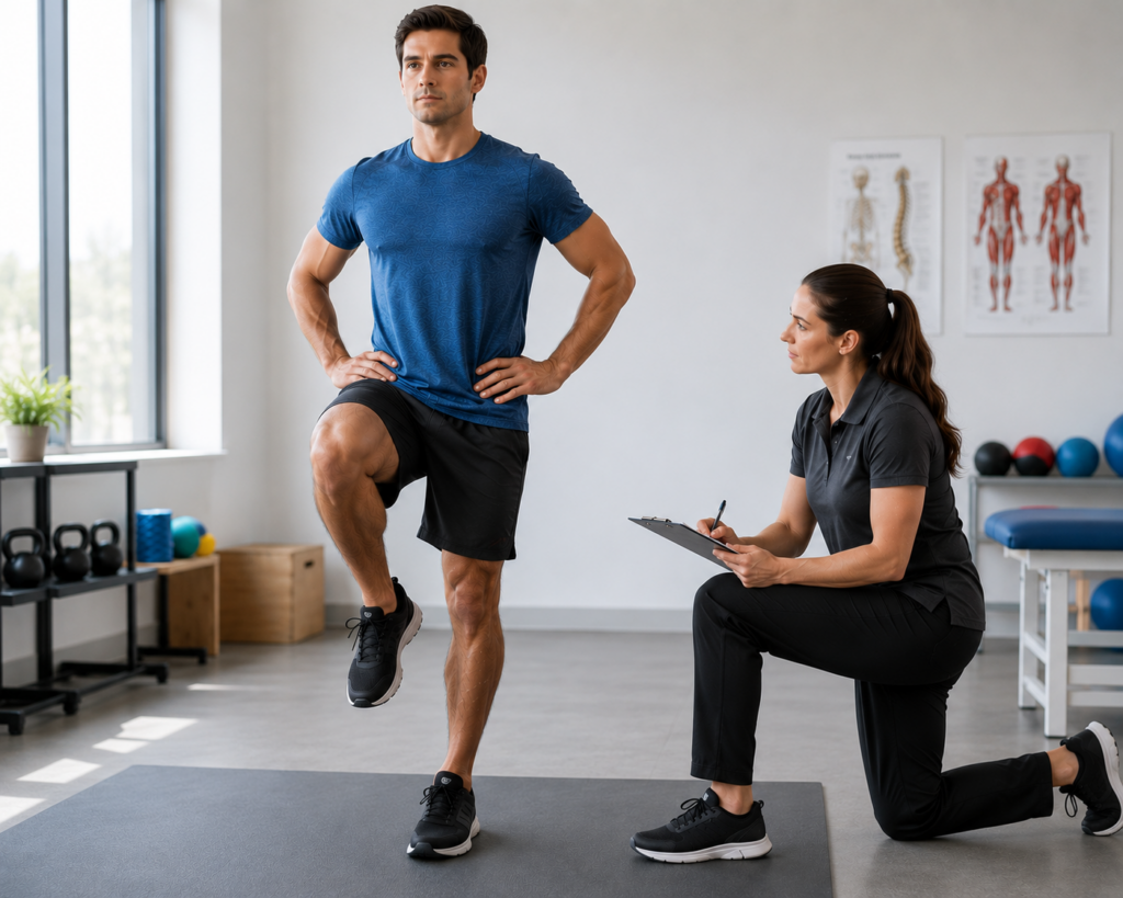 Movement Assessment During Single-Leg Balance Physical therapist observing a patient standing on one leg to assess hip, knee, and ankle alignment and balance control.