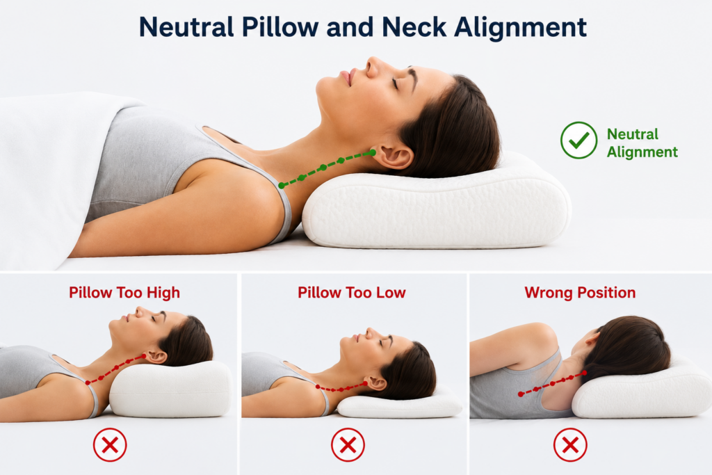 Neutral Pillow and Neck Alignment During Sleep Diagram showing neutral neck alignment compared with a pillow that is too high, too low, or causes poor sleeping posture.