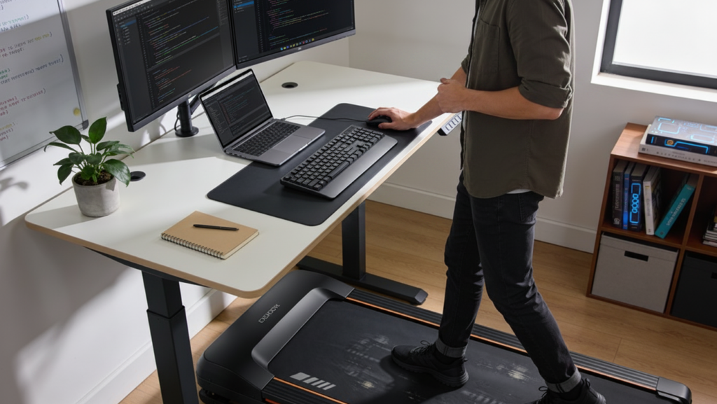 Remote worker using a walking pad beneath a standing desk with dual monitors and an ergonomic workstation setup.
