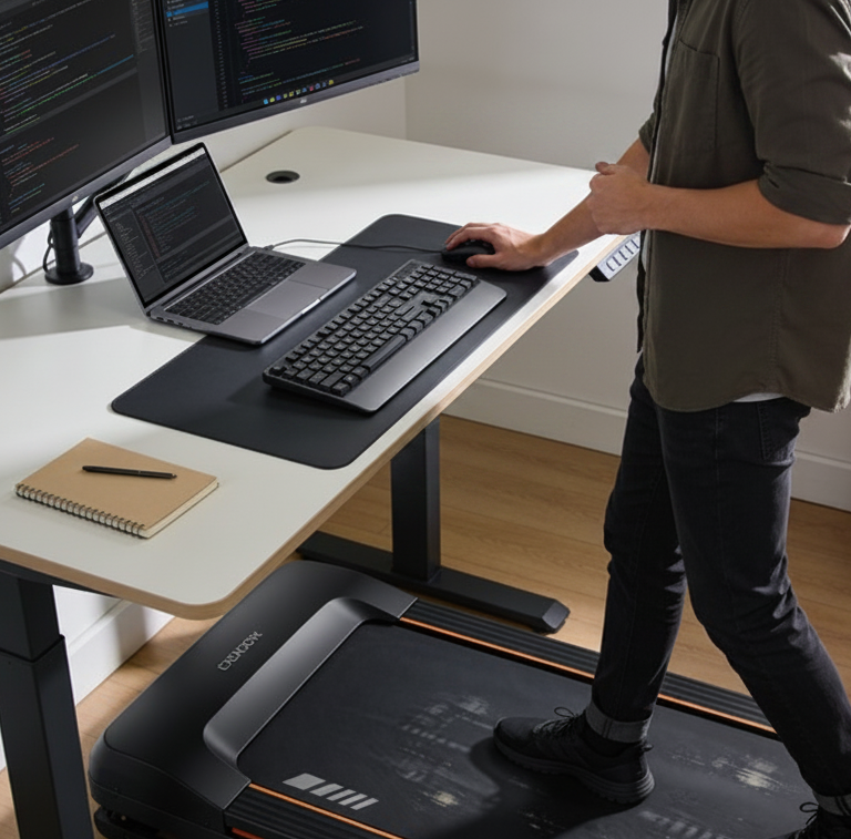 Remote worker using a walking pad beneath a standing desk with dual monitors and an ergonomic workstation setup.