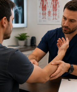 Injury Evaluation Adds Physical Context Healthcare provider examining a patient’s arm and wrist during an injury evaluation.