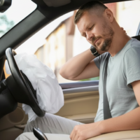 Neck pain may develop after airbag deployment due to the sudden movement of a crash.