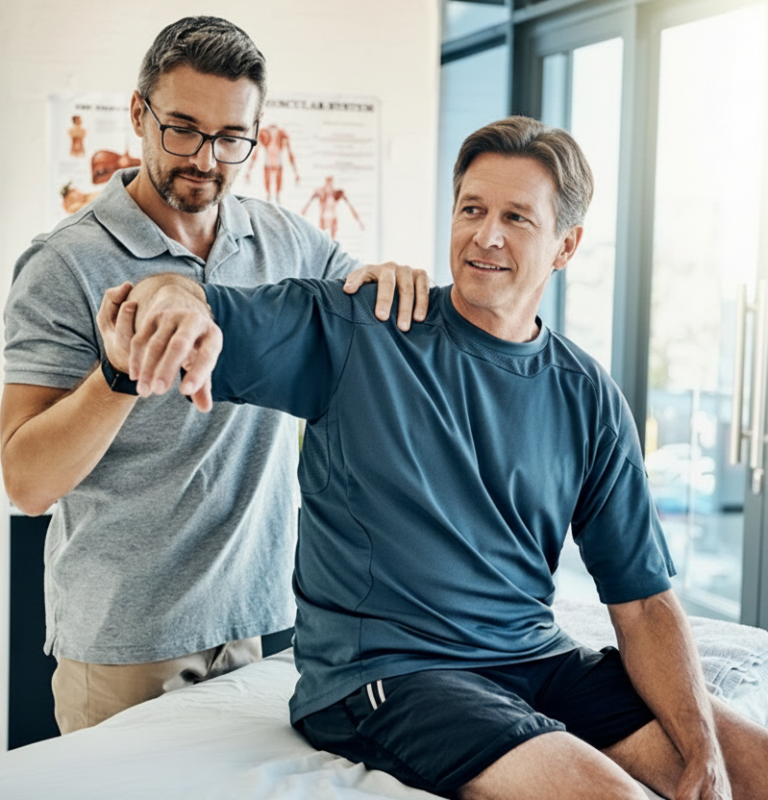 Physical therapist assessing shoulder movement during rehabilitation after an injury following a treatment gap in physical therapy.