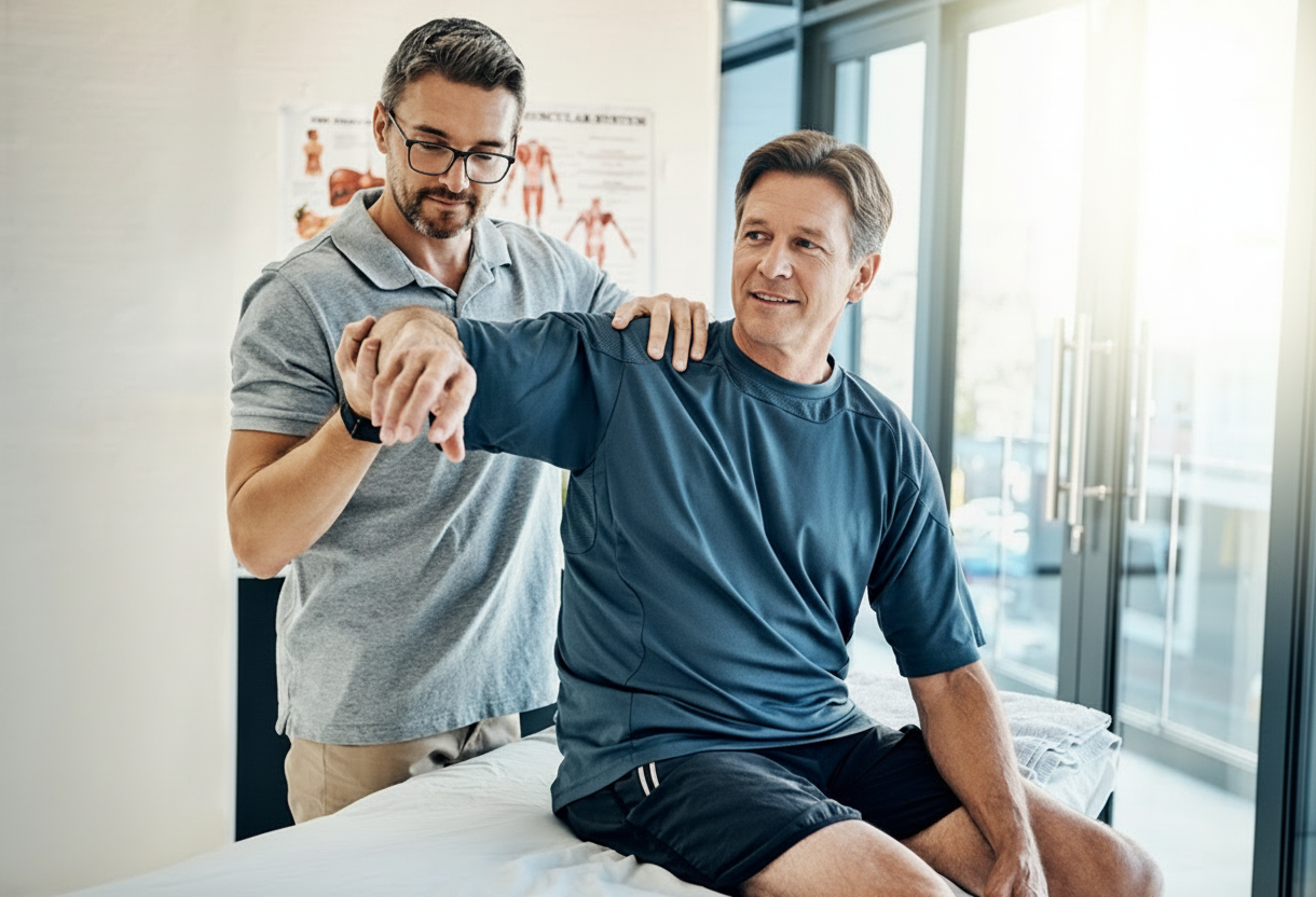 Physical therapist assessing shoulder movement during rehabilitation after an injury following a treatment gap in physical therapy.