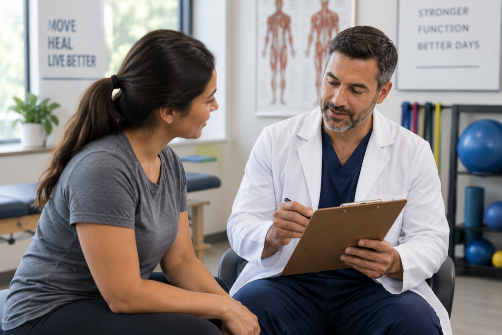 Physical therapist reviewing notes and rehabilitation progress with a patient after a treatment gap.