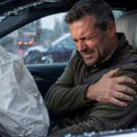 Driver clutching his shoulder inside a car after a collision with deployed airbags.