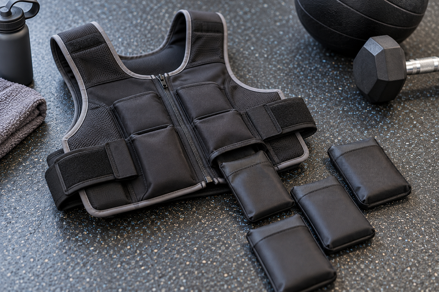 Adjustable weighted vest with removable weight pockets laid on a gym floor