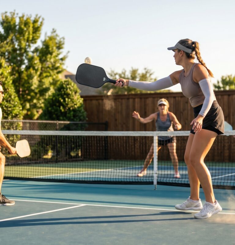 Group of friends playing doubles pickleball on an outdoor court on a sunny fall day