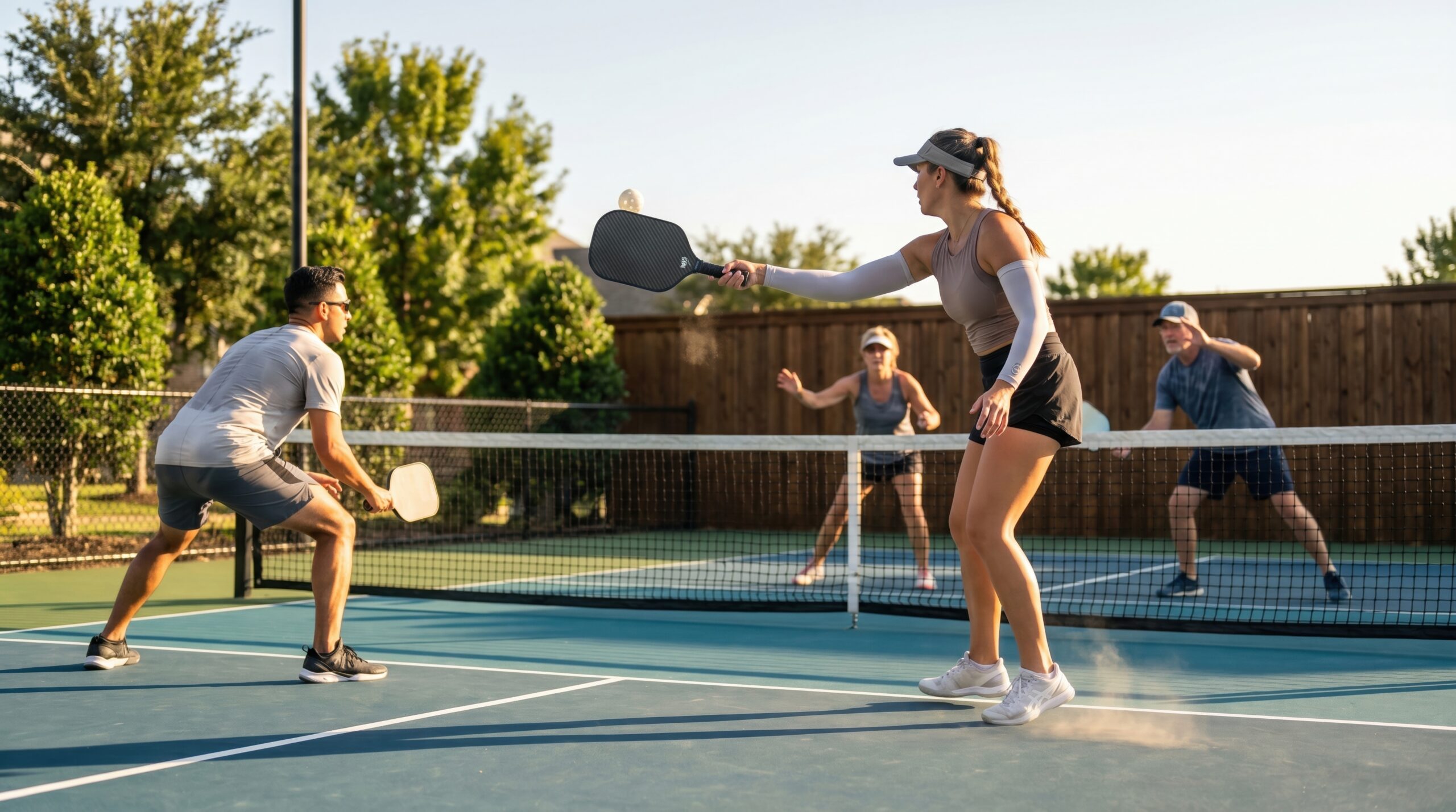 Group of friends playing doubles pickleball on an outdoor court on a sunny fall day