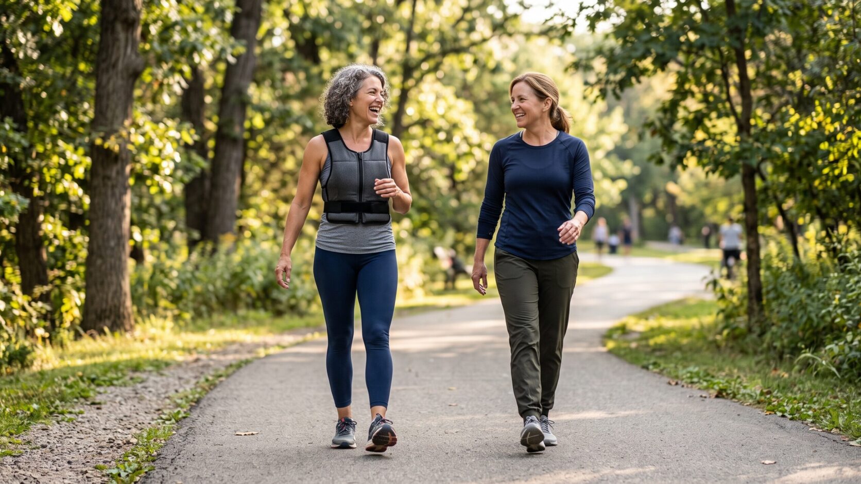 Two women walking together on a tree-lined park path, with one wearing a black weighted vest.