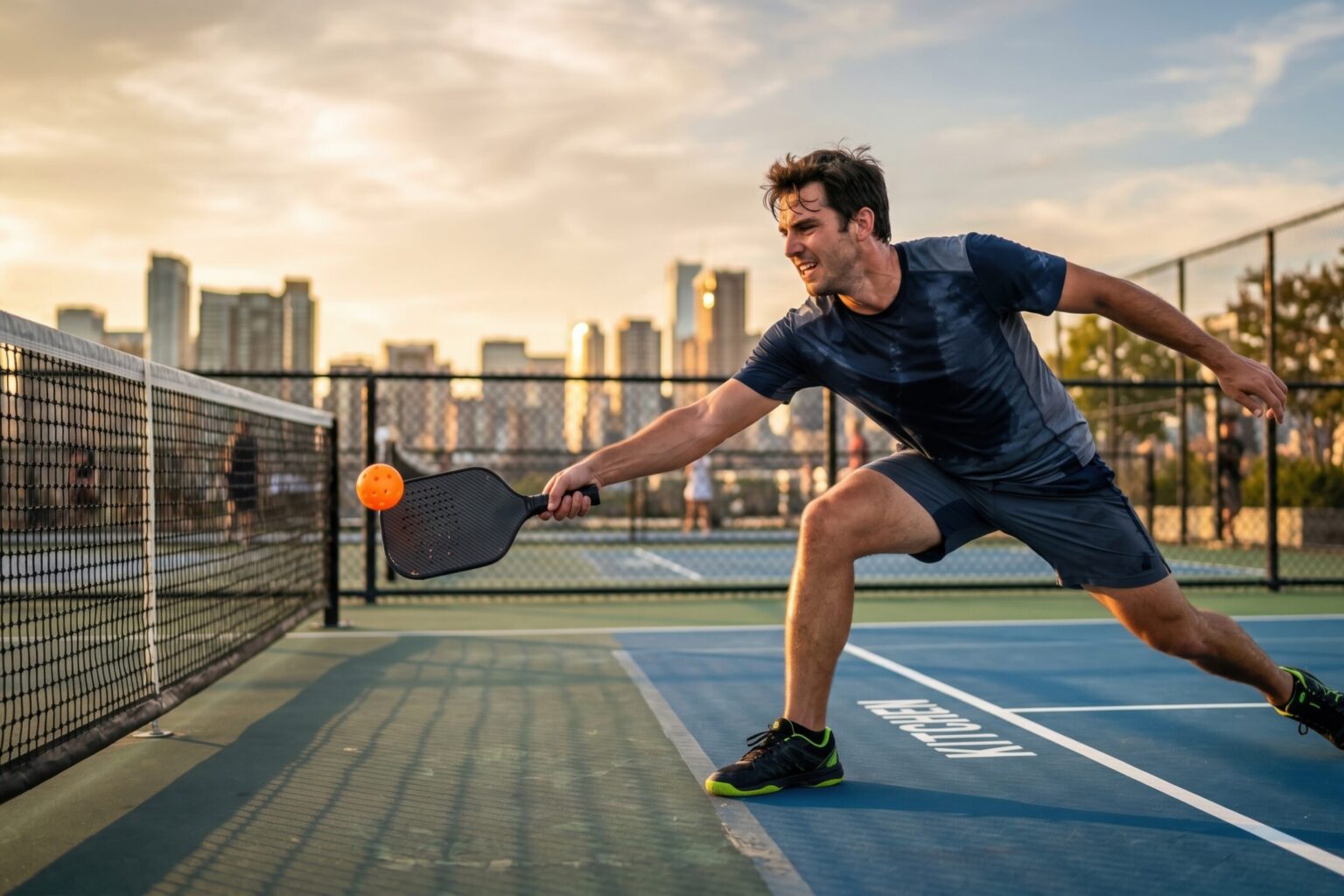 Pickleball Lunge Pickleball player lunging forward with a paddle to return a low shot near the net