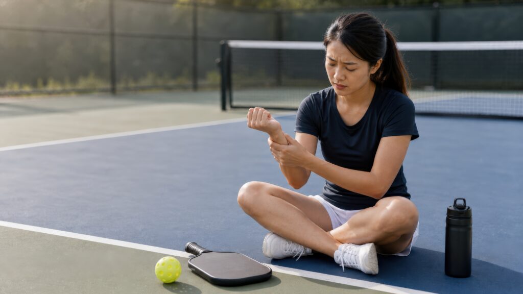Pickleball Player Holding a Sore Wrist Woman sitting on a pickleball court holding her wrist after a fall