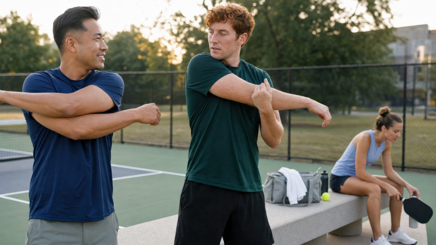 Pickleball Players Warming Up Before a Game Two pickleball players stretching their legs beside the court before a game