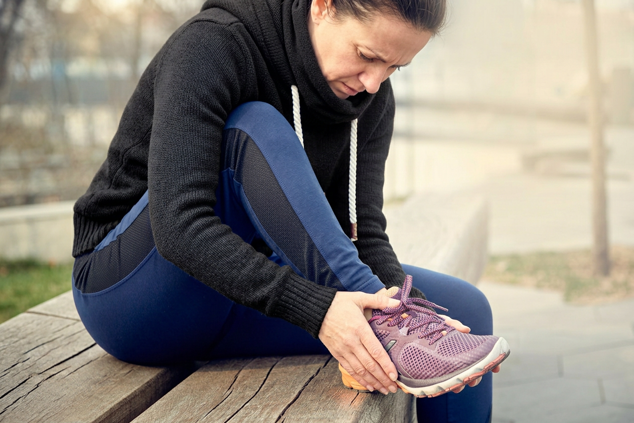 Runner sitting on a bench and pressing on the top of one foot