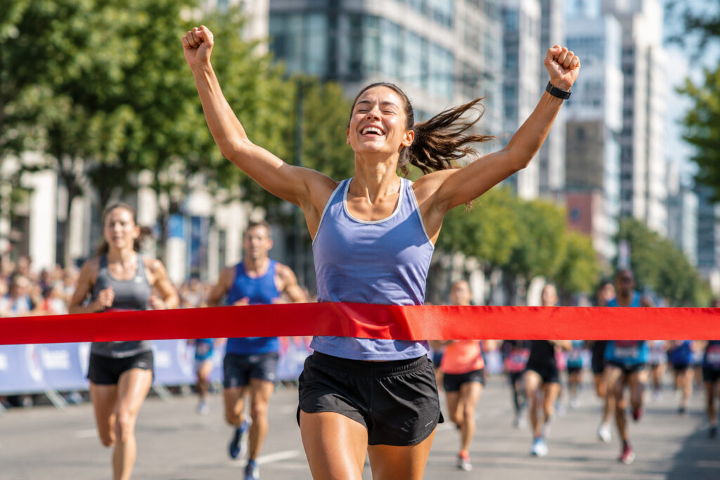 Group of runners crossing a city marathon finish line