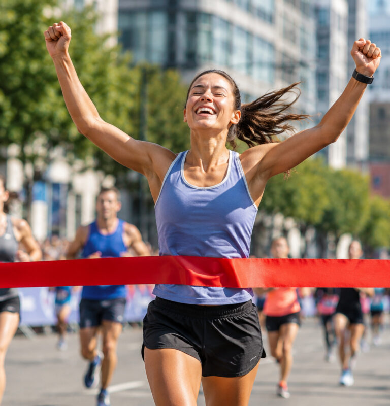 Group of runners crossing a city marathon finish line