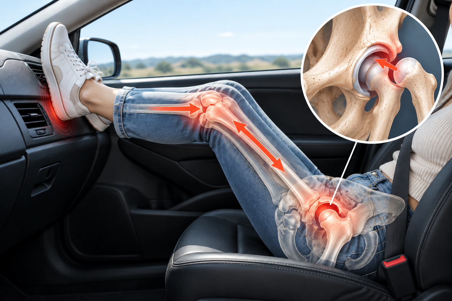 Force from a bent leg against the dashboard can travel through the thigh and place stress on the hip joint during a crash.
