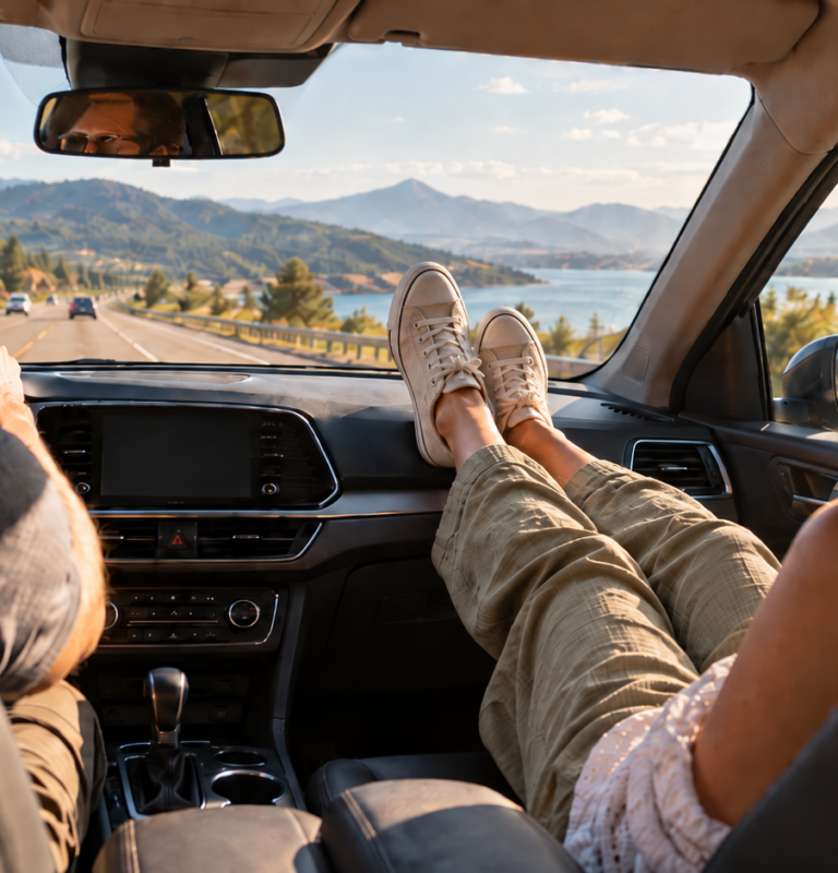 Female passenger with feet on the dashboard during a road trip, illustrating the position associated with feet on dashboard injuries