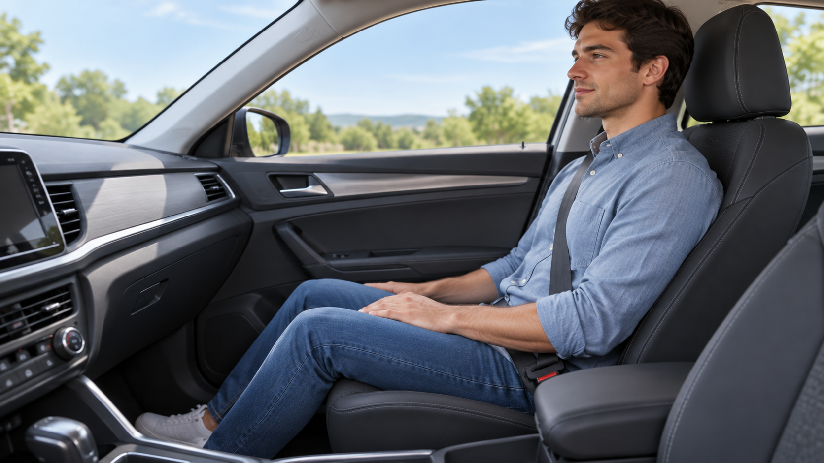 Front-seat passenger sitting upright with both feet on the floor and a seat belt worn correctly.