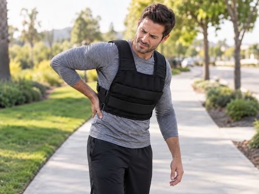 Person in a weighted vest pausing on a sidewalk and holding their lower back